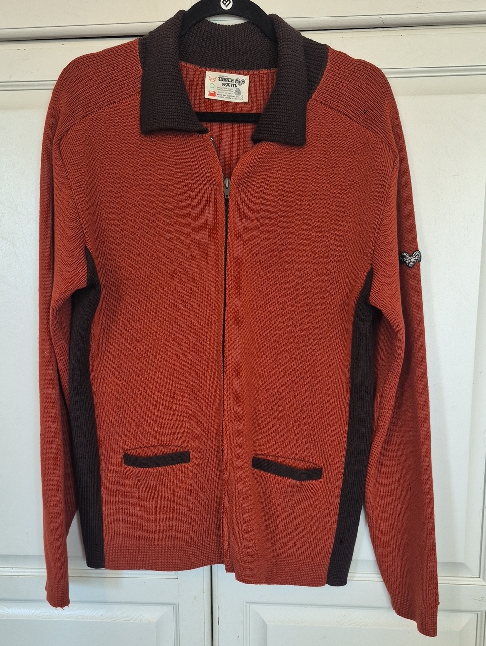 Vintage Men's Wool Zip Front Sweater Jacket in Rust and Dark Brown